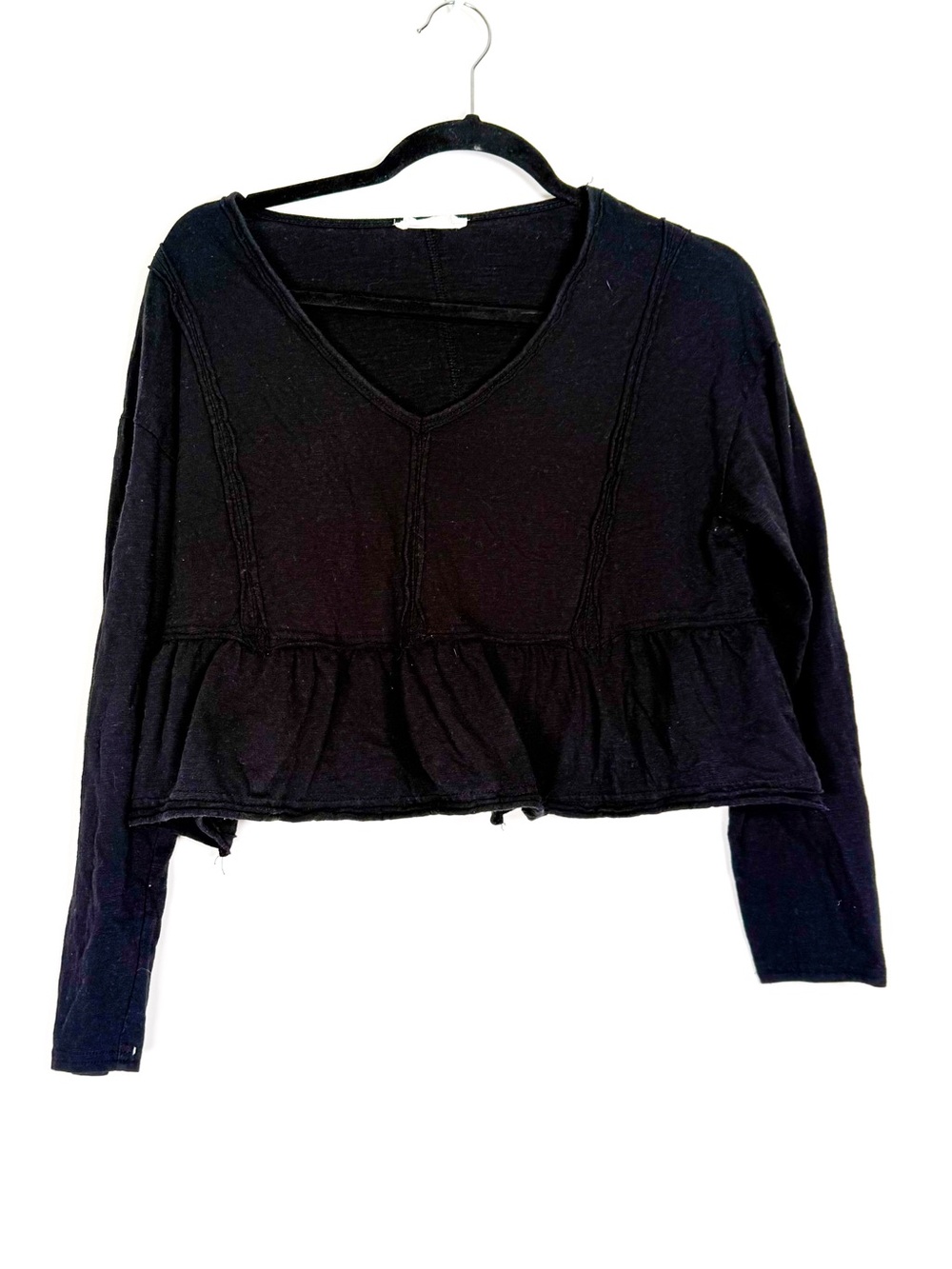 Black V-Neck Peplum Long-Sleeve Top